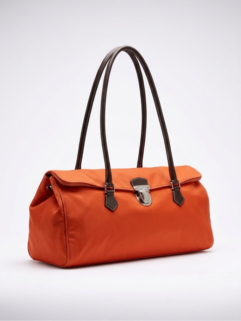 Barneys NY Nylon East-West Shoulder Tote Bag, orange/brown/slvr, GUC